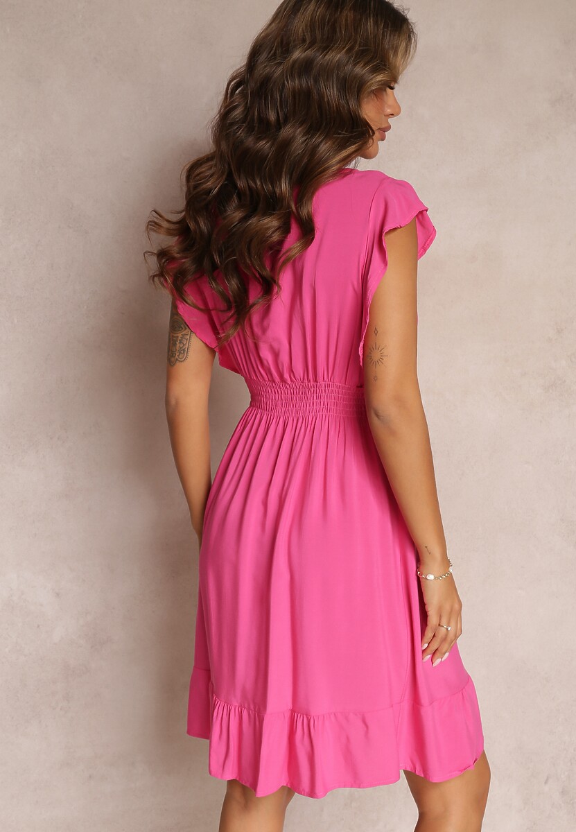 Fuksjowa Mini Sukienka z Wiskozy o Rozkloszowanym Fasonie i Kopertowym Dekolcie Lolsa