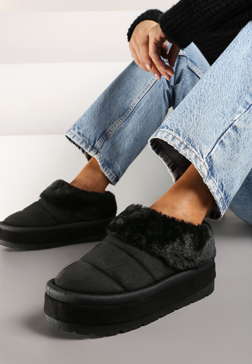 Czarne Niskie Śniegowce Ekozamszowe na Platformie z Pikowaniem i Futerkiem Realira