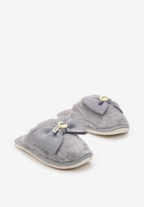 Szare Kapcie z Miękkiego Futerka Ozdobione Kokardą Adeltta
