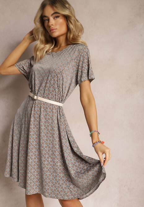 Zielono-Beżowa Sukienka Mini z Wiskozy z Rozkloszowanym Dołem Lontassa