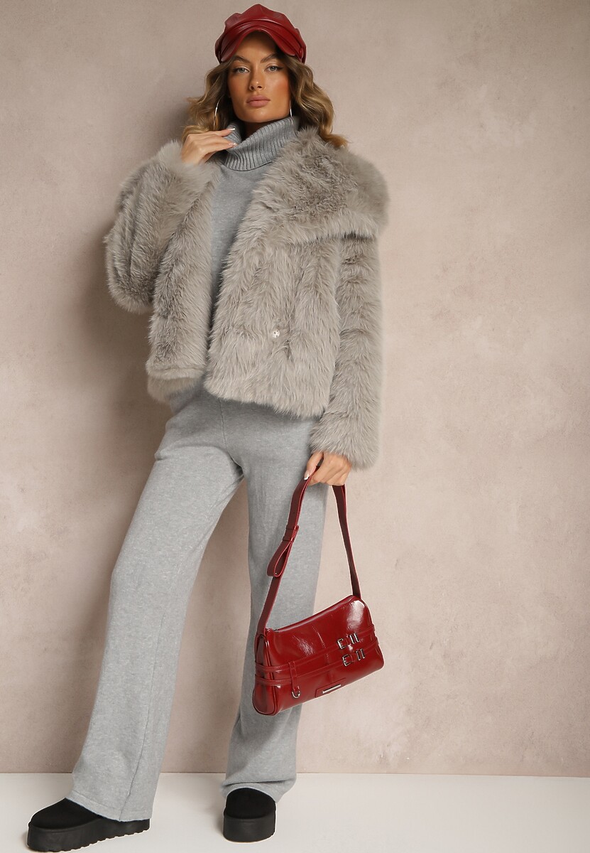 Szary Komplet z Wiskozą i Modalem Spodnie o Szerokim Kroju i Golf Ozdobiony Guzikami Sassifra