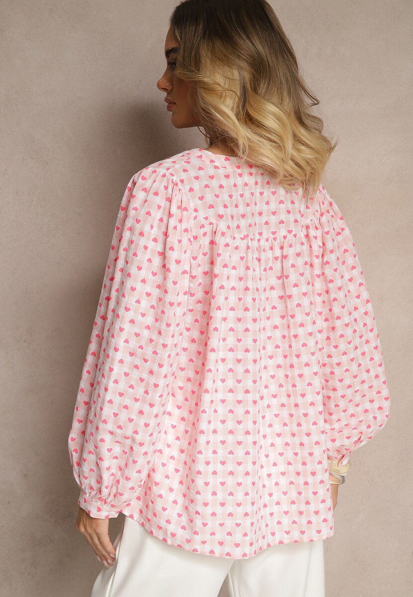 Różowa Bawełniana Koszula w Kratkę Vichy i Serduszka Halorwena