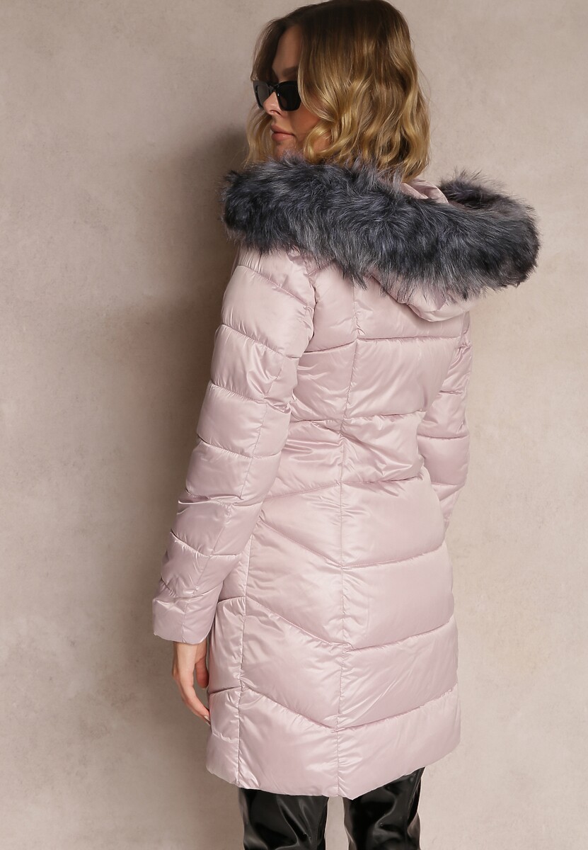 Różowa Kurtka Pikowana z Kapturem z Futerkiem Eldora