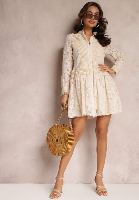 Jasnobeżowa Rozkloszowana Sukienka Koszulowa Rutty