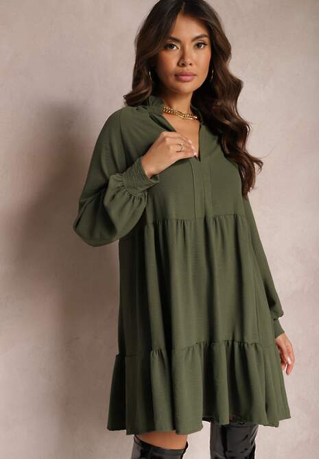 Zielona Rozkloszowana Sukienka Mini z Falbankami Atercja