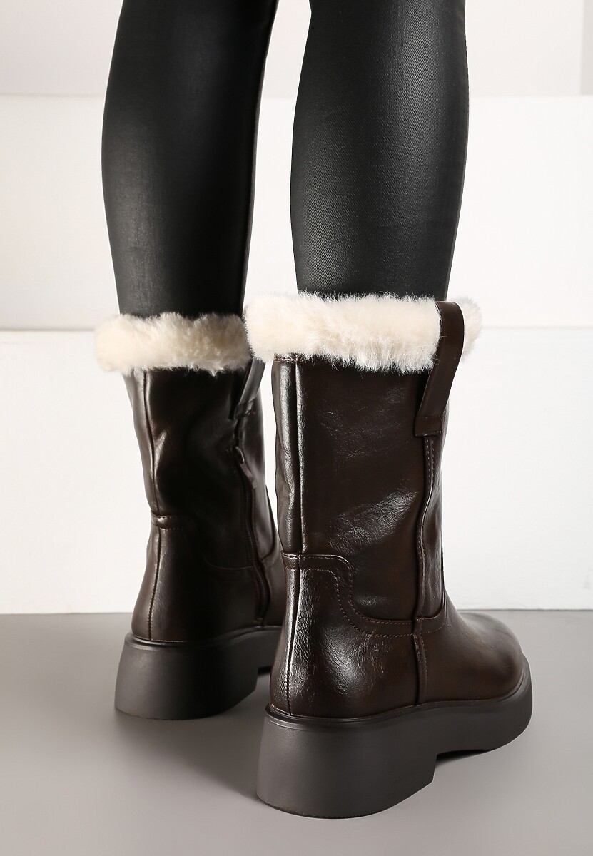 Brązowe Botki na Płaskiej Podeszwie z Futerkiem na Cholewce Izafrina