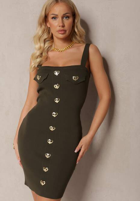 Ciemnozielona Sukienka Prążkowana na Ramiączkach z Guzikami Pasinne