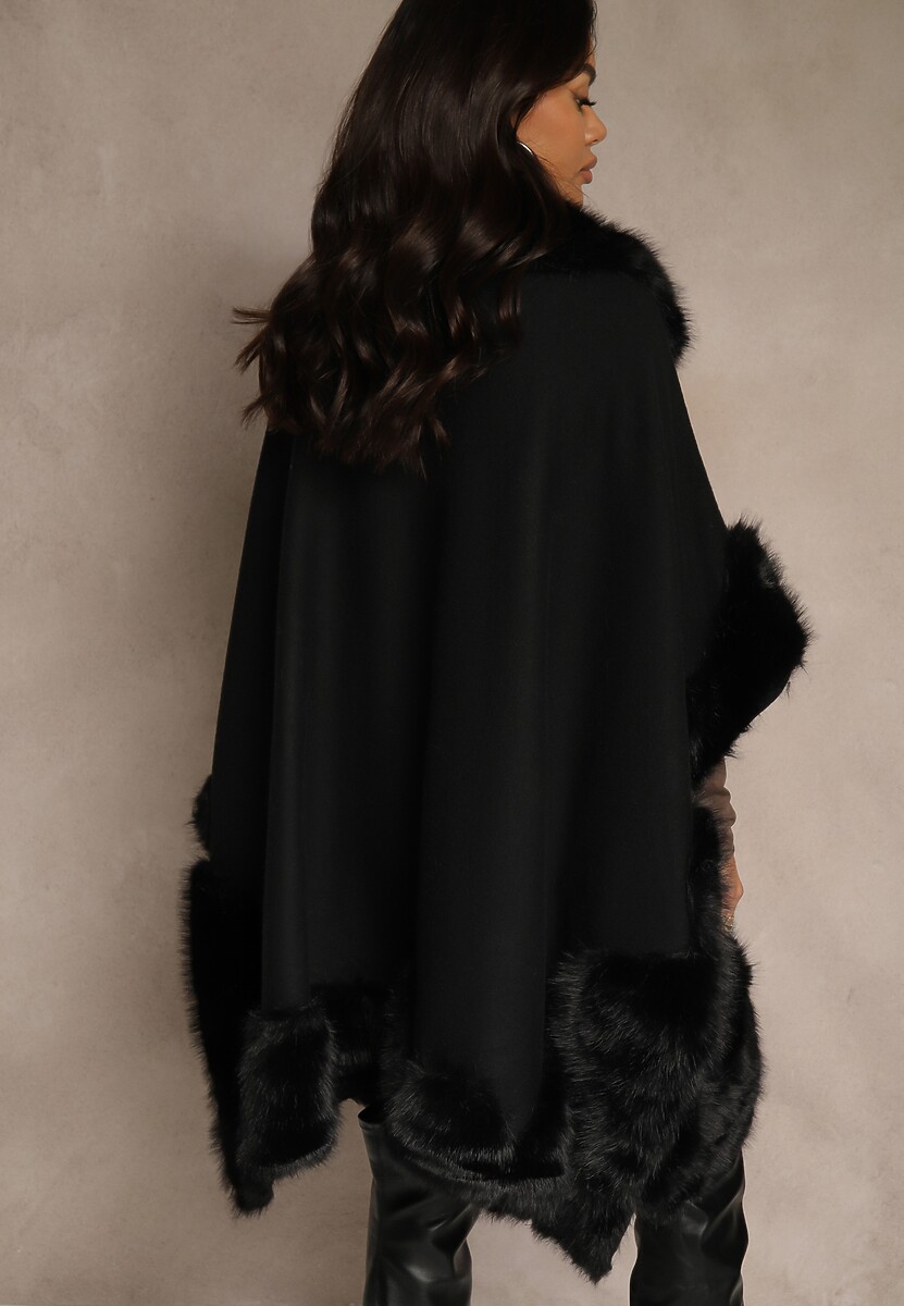 Czarne Ponczo z Wiskozą Wełną i Futerkiem Mevicia