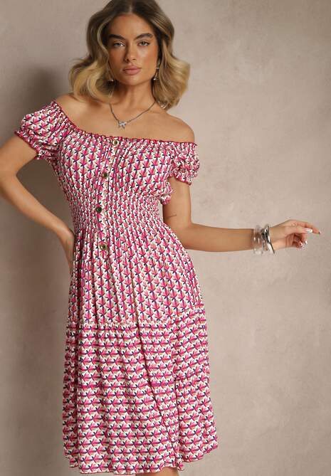 Różowa Bawełniana Sukienka z Bufiastymi Rękawami i Guzikami Ronimera