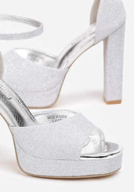 Srebrne Sandały Brokatowe na Słupku i Platformie Mudis