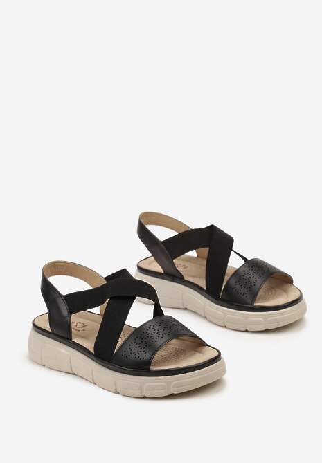 Czarne Sandały z Ażurowym Paskiem na Niskiej Platformie Erviana