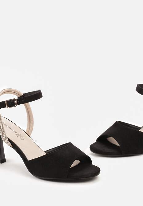 Czarne Sandały na Szpilce ze Skórzaną Wkładką Paskiem z Cyrkoniami Nijana