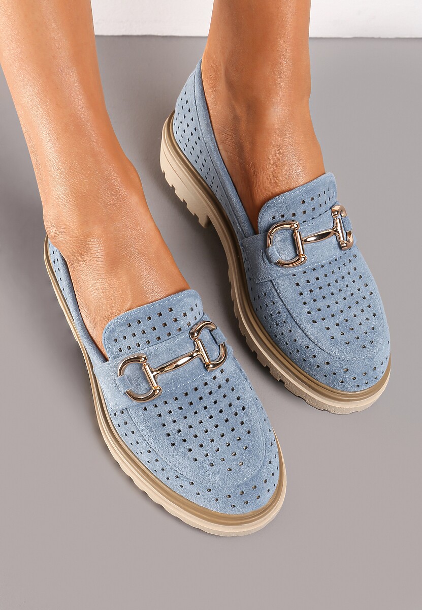 Niebieskie Ażurowe Mokasyny z Ekozamszu z Ozdobną Klamrą Vleggia