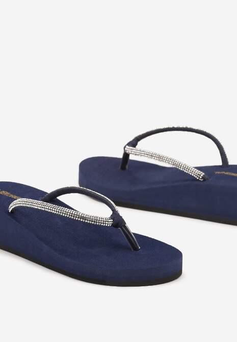 Granatowe Japonki Ozdobione Cyrkoniami na Koturnie Nelixia