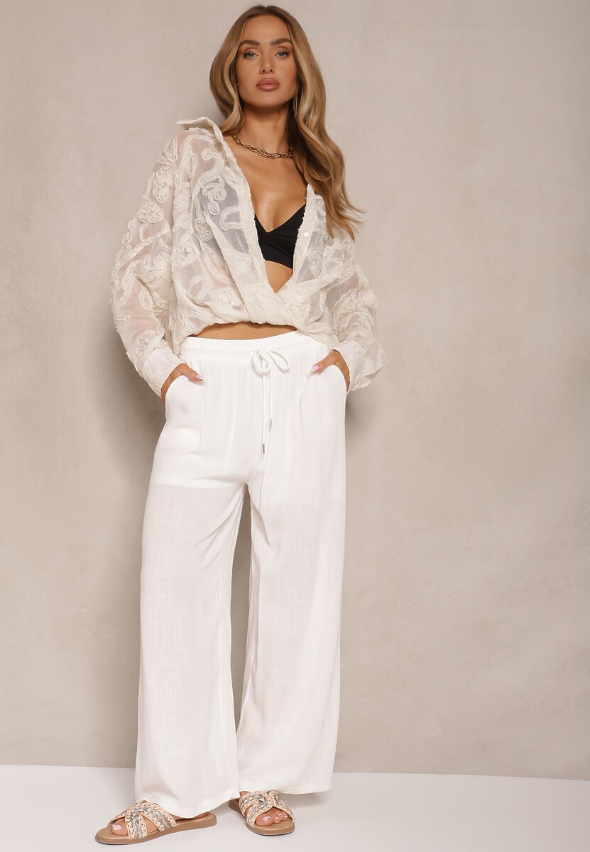 Białe Spodnie z Bawełny o Prostych Nogawkach z Gumką i Sznurkiem w Pasie Efrara