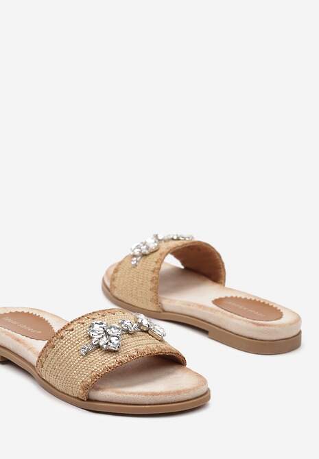 Brązowe Klapki Pasek z Plecionki i Aplikacja z Cyrkonii Narhi