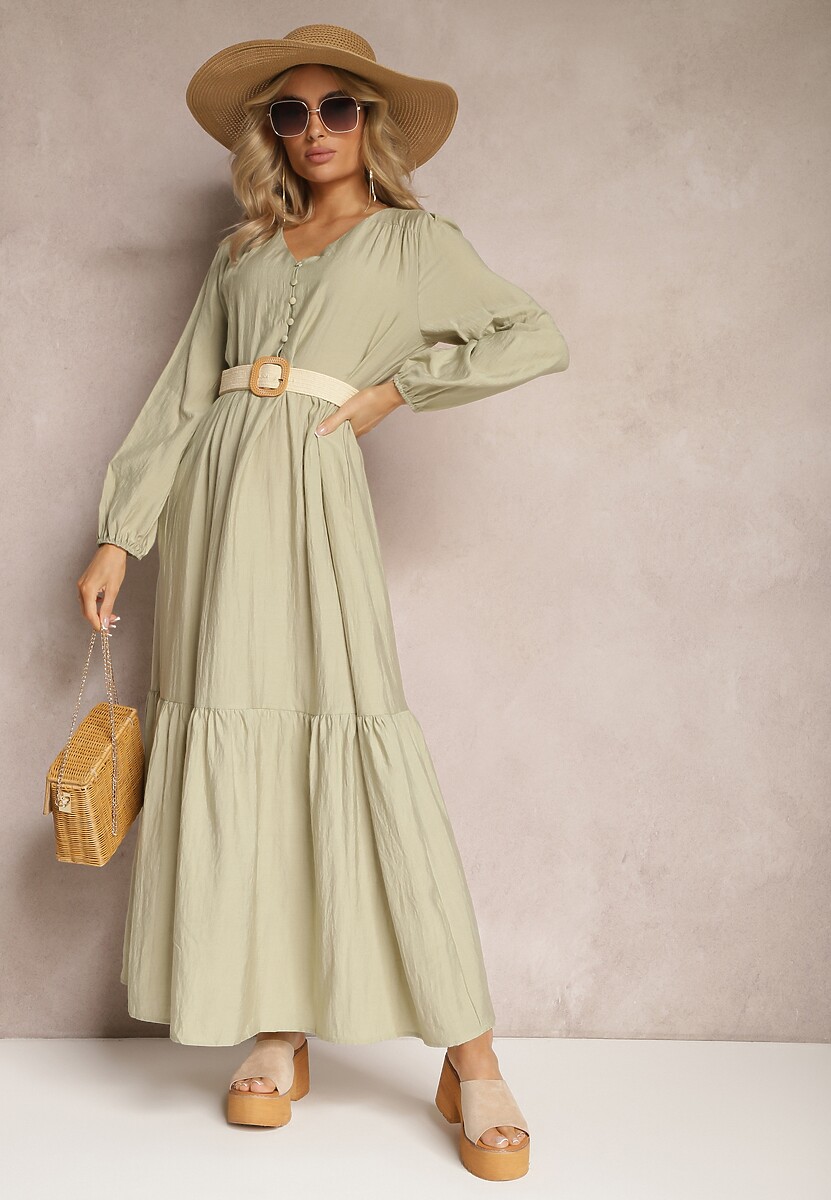 Zielona Rozkloszowana Sukienka Pudełkowa Maxi z Ozdobnymi Guzikami Nervatti