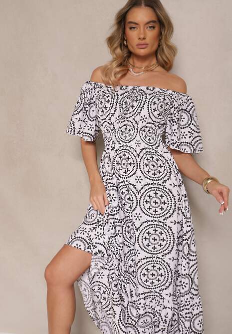 Czarno-Biała Sukienka o Rozkloszowanym Kroju z Bawełną w Abstrakcyjny Wzór Ldivena