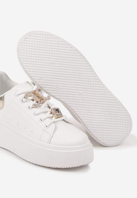 Biało-Złote Sneakersy na Platformie Ozdobione Cyrkoniami i Aplikacjami na Sznurówkach Arretea