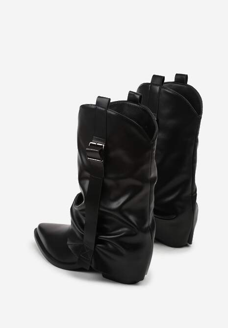 Czarne Botki Kowbojki z Wywiniętą Cholewką z Marszczeniem Ilova
