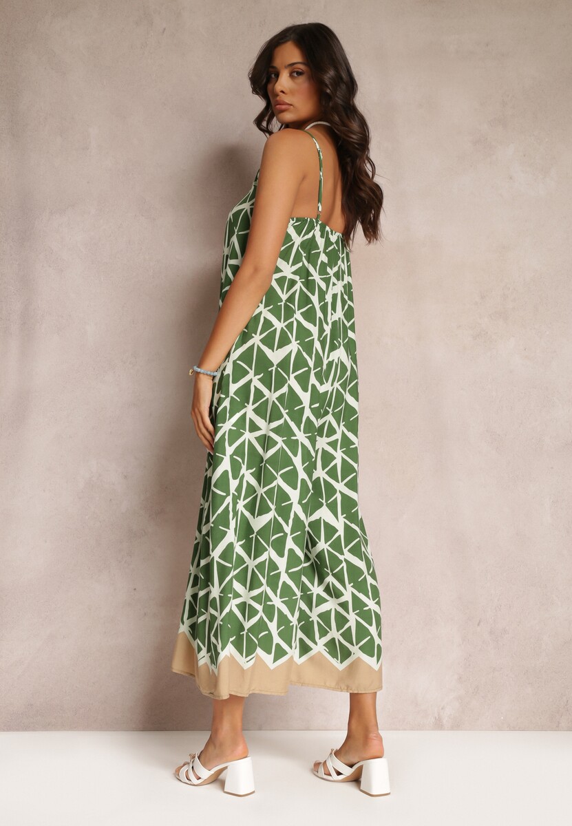 Zielony Wiskozowy Kombinezon w Geometryczne Wzory na Ramiączkach Evera
