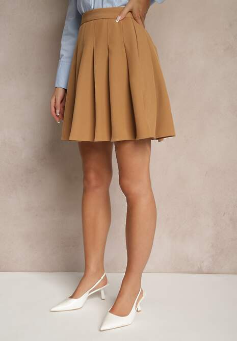 Beżowa Spódnica z Wiskozą o Rozkloszowanym Kroju z Plisami i Gumką w Pasie w Stylu Preppy Iliola