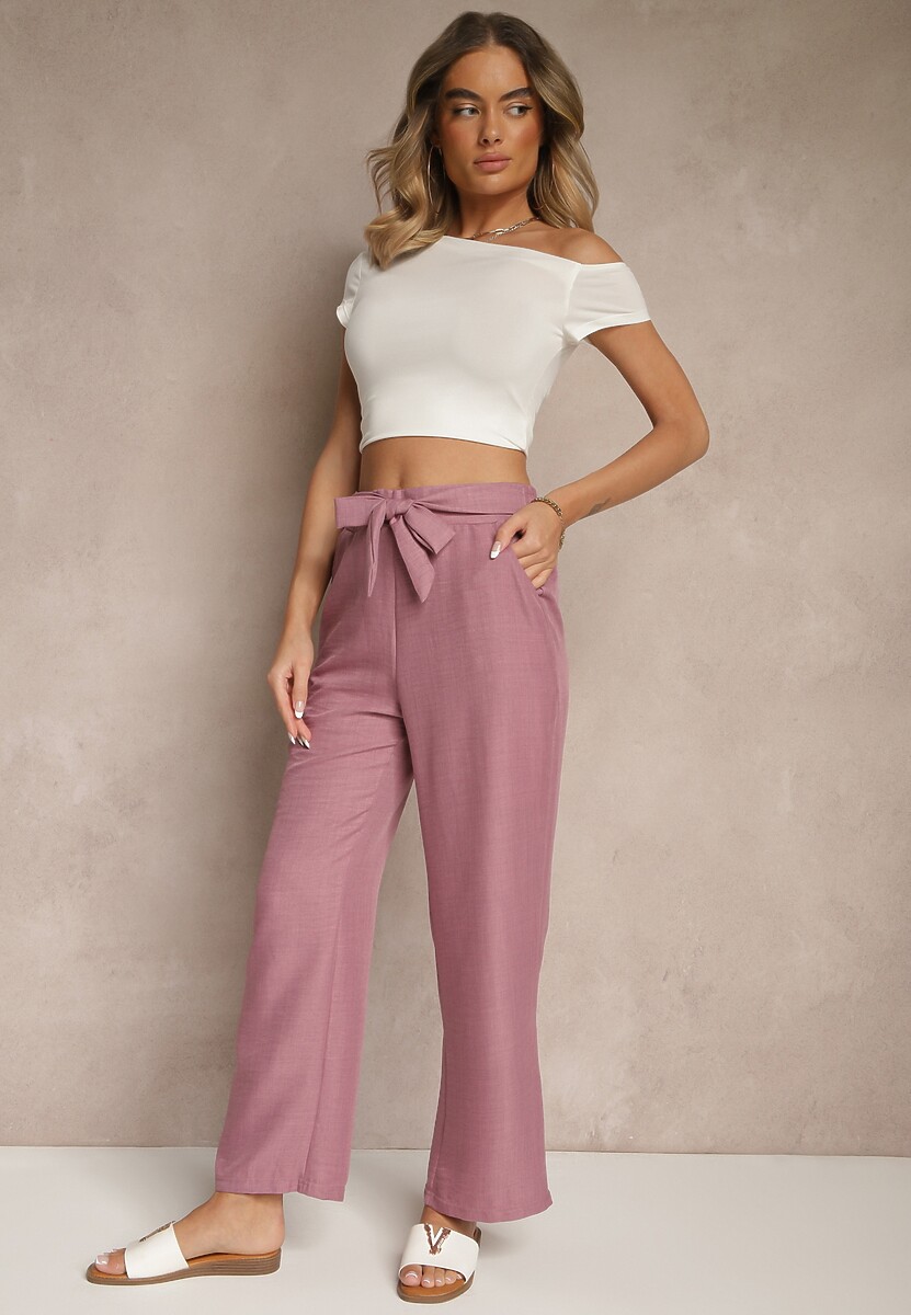 Ciemnoróżowe Spodnie z Szeroką Nogawką i Gumką w Talii Zdobione Wiązaniem Mireniela