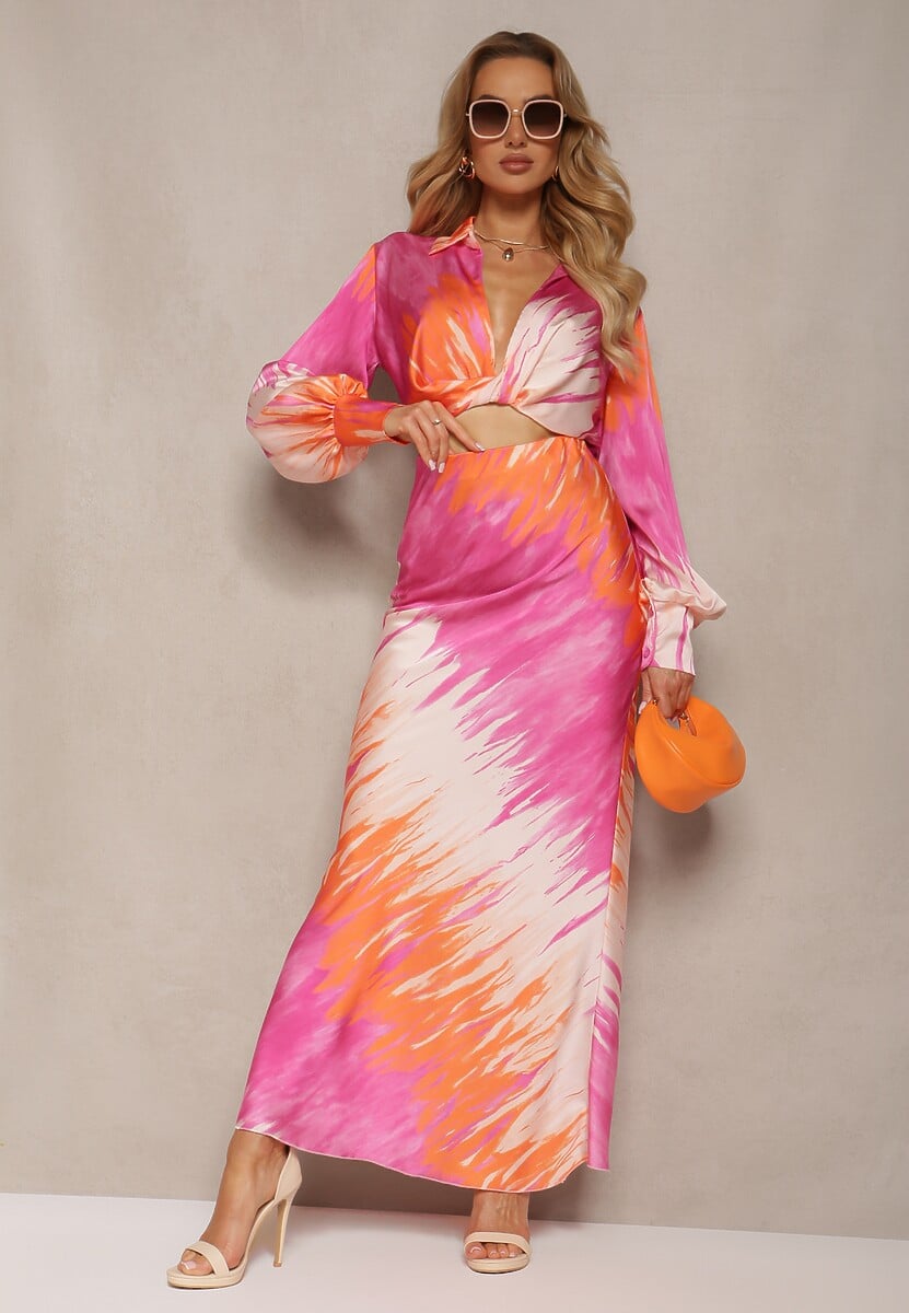 Fuksjowo-Pomarańczowy Dwuczęściowy Komplet Krótka Koszula z Gumką i Dekoltem Spódnica z Gumką w Talii Zeta