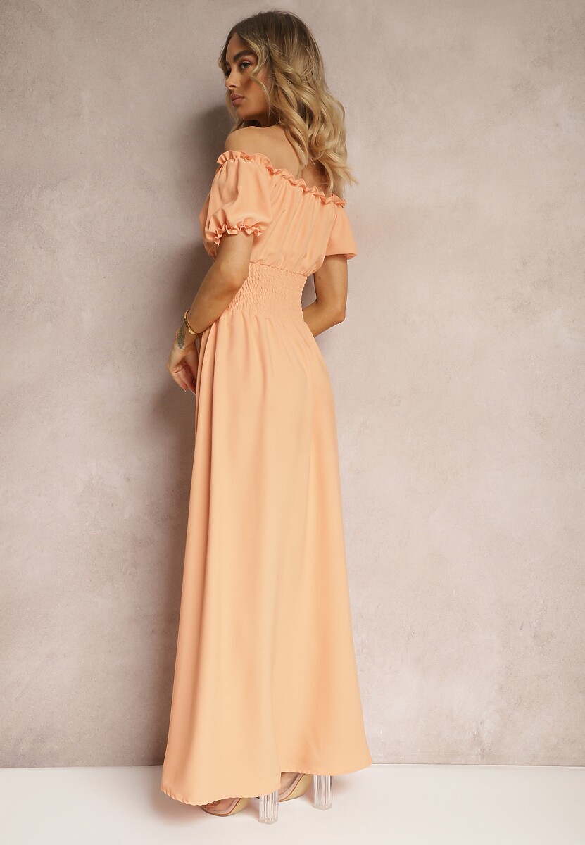 Pomarańczowa Sukienka z Wiskozy z Gumką w Talii i Kopertowym Dekoltem Rhoneri