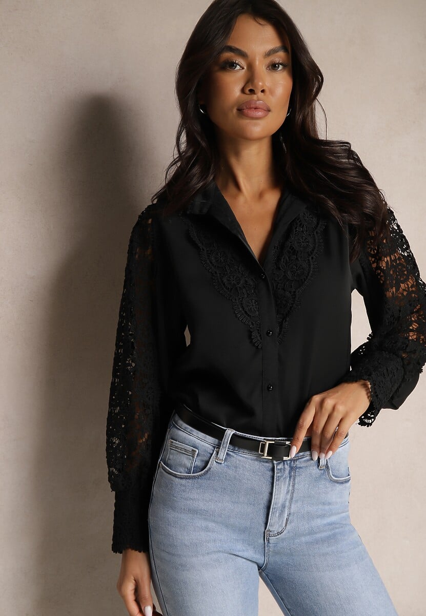 Beżowa Koronkowa Koszula ze Stójką Sariviel