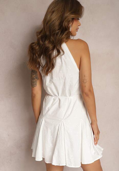 Biała Bawełniana Sukienka bez Rękawów Wiązana w Pasie z Guzikami Jolanea