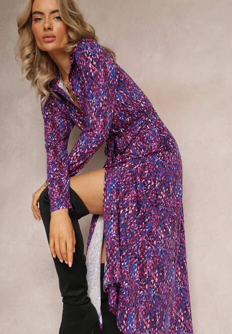 Fioletowo-Niebieska Sukienka Koszulowa z Wiązanym Paskiem i Długim Rękawem Malenie
