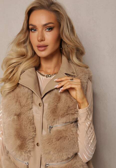 Brązowa Futrzana Kamizelka z Ozdobnymi Suwakami Sittame