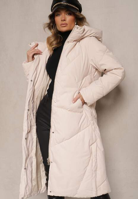 Jasnobeżowa Długa Kurtka z Pikowanymi Przeszyciami Kieszeniami i Kapturem Cemeriana