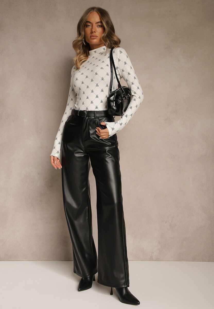 Biała Bluzka Longsleeve Półgolf z Bawełny Ozdobiona Geometrycznym Nadrukiem Zantila