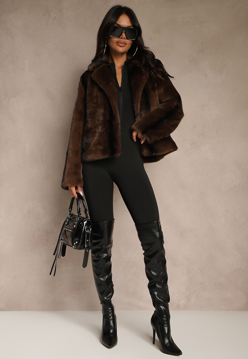 Brązowa Krótka Kurtka Futerko o Jednorzędowym Kroju Lanella