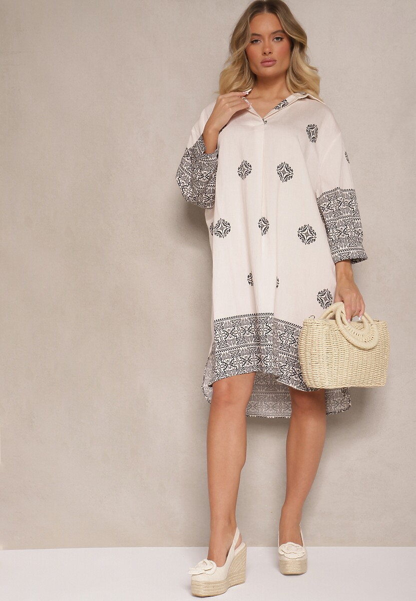 Beżowa Sukienka z Wiskozy w Abstrakcyjny Wzór Nalalith