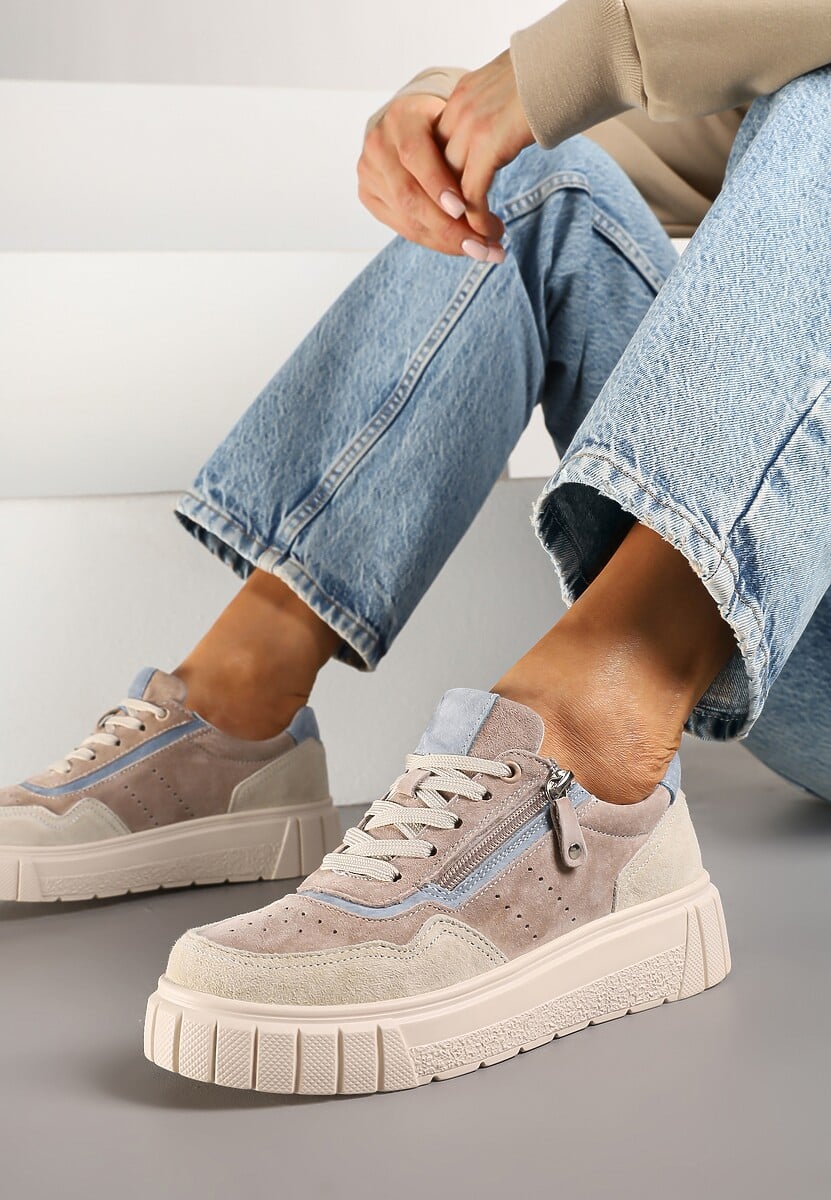 Beżowo-Niebieski Streetwearowe Sneakersy ze Skóry Naturalnej z Ozdobnym Suwakiem Eleavenna