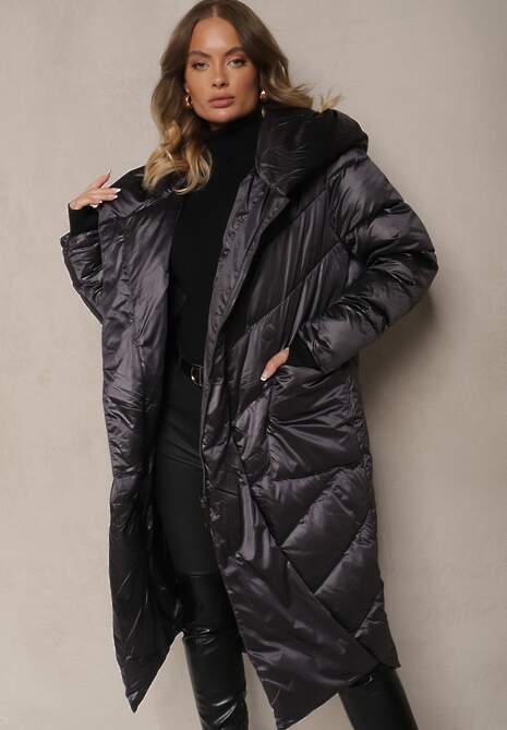 Ciemnoszara Pikowana Kurtka o Asymetrycznym Kroju z Kapturem Hedirani