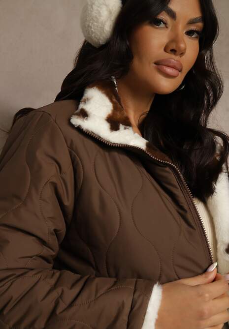 Brązowa Pikowana Kurtka Dwustronna Ozdobiona Łaciatym Futerkiem Mevelliana