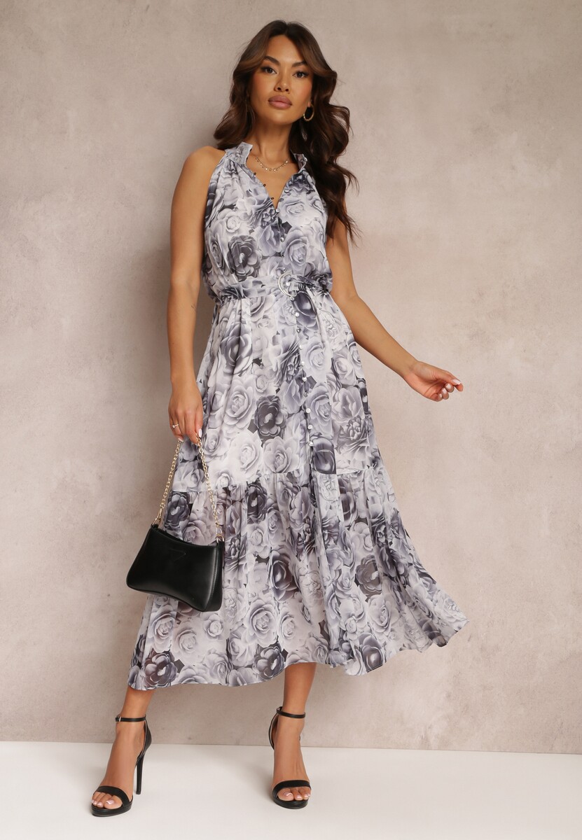 Biało-Czarna Rozkloszowana Sukienka w Kwiaty z Paskiem Ademora