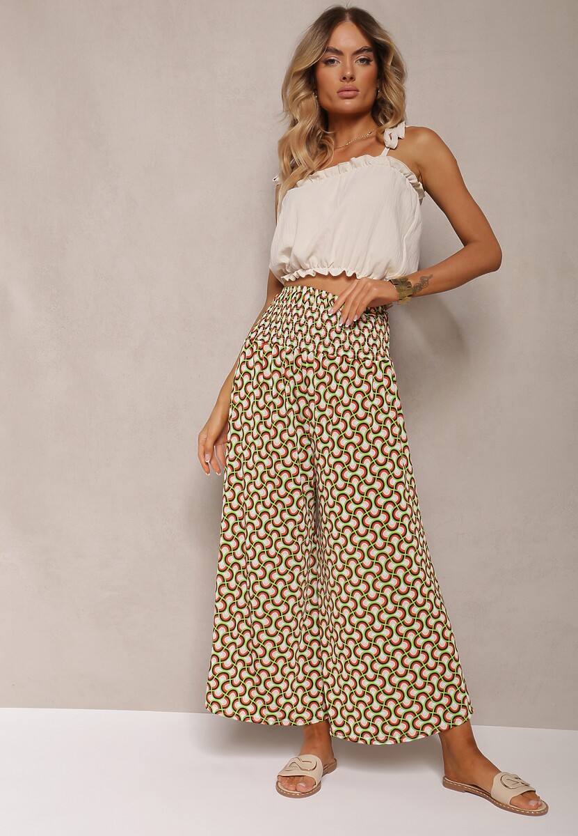 Jasnozielone Spodnie Culotes z Szerokimi Nogawkami i Gumką w Talii Demia