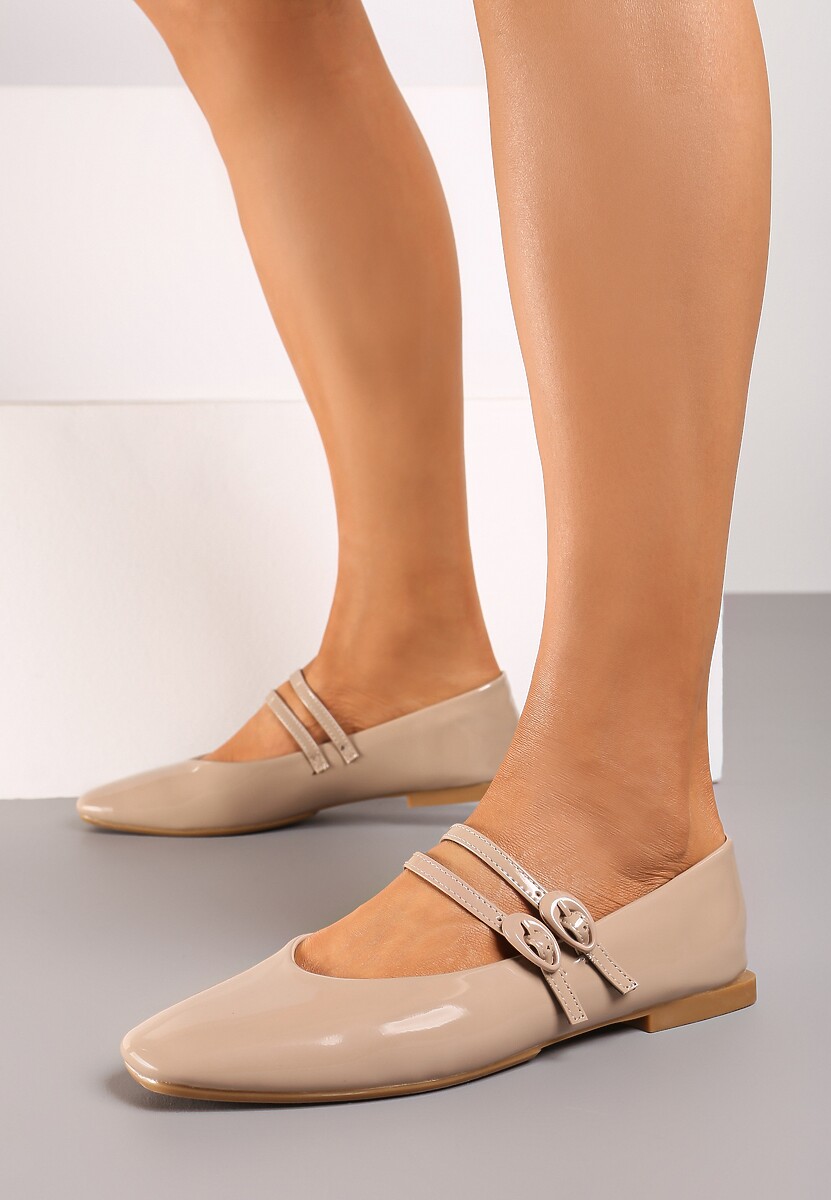 Beżowe Balerinki Płaskie Lakierowane z Paskami na Sprzączkę i Kwadratowym Noskiem Mailene