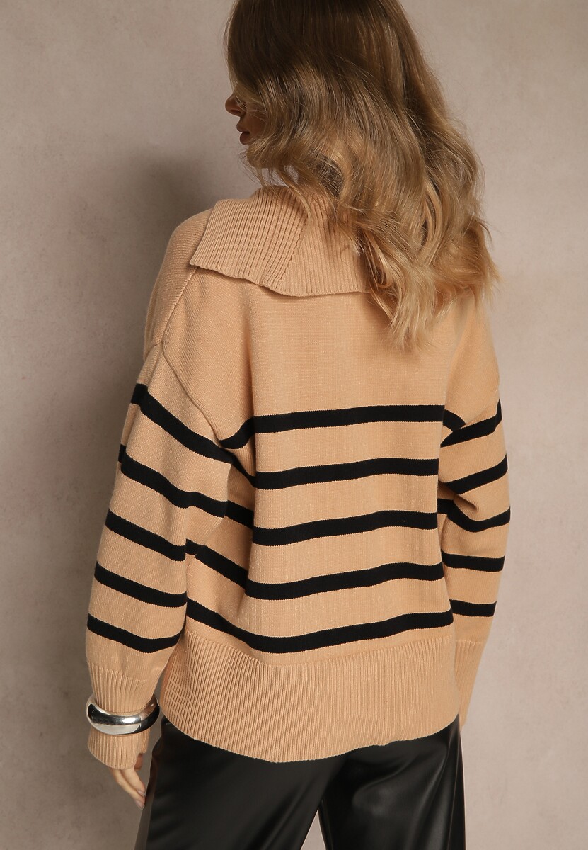 Beżowo-Czarny Sweter w Paski z Dekoltem w Serek z Kołnierzykiem Ralinavia