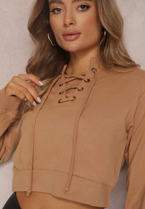 Ciemnobeżowa Bluza Crop Top z Wiązaniem Oreithitrite
