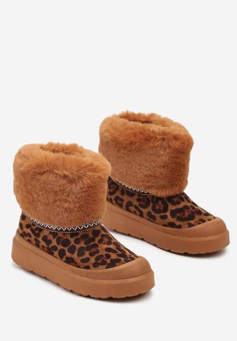 Brązowe Śniegowce na Płaskiej Podeszwie Ozdobione Futerkiem Haftem i Wzorem w Panterkę Lannetea