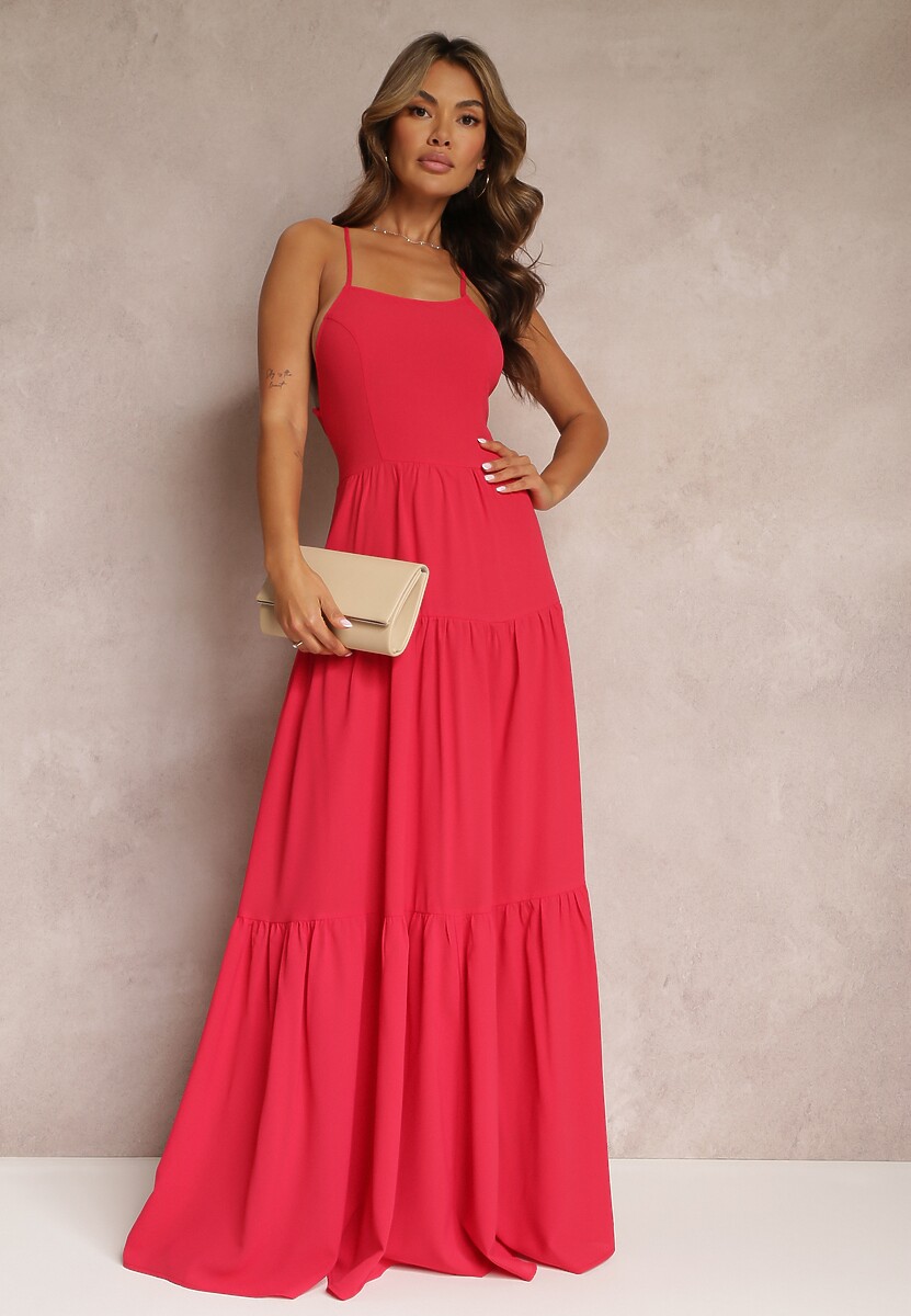 Czerwona Rozkloszowana Maxi Sukienka z Falbankami i Wiązaniem na Tyle Karins