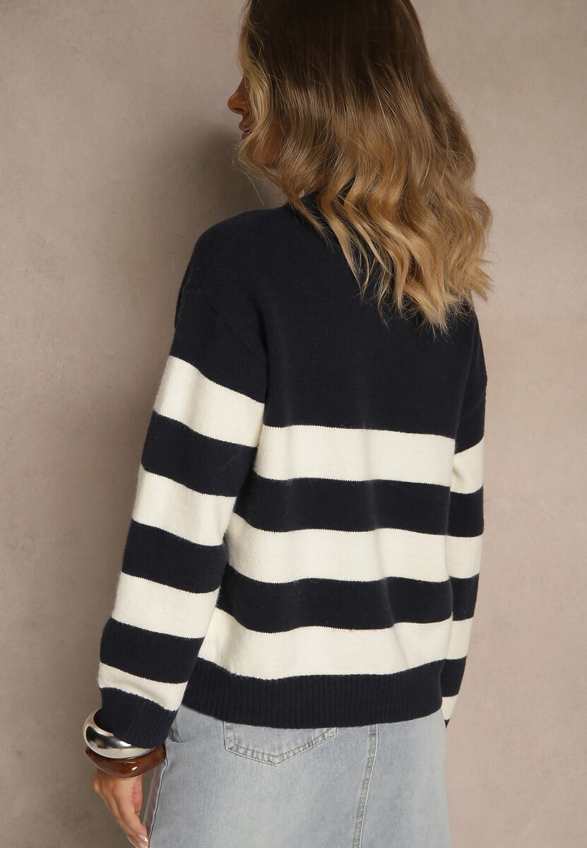 Granatowy Prosty Sweter z Domieszką Kaszmiru Zdobiony Wzorem w Pasy Tarvane