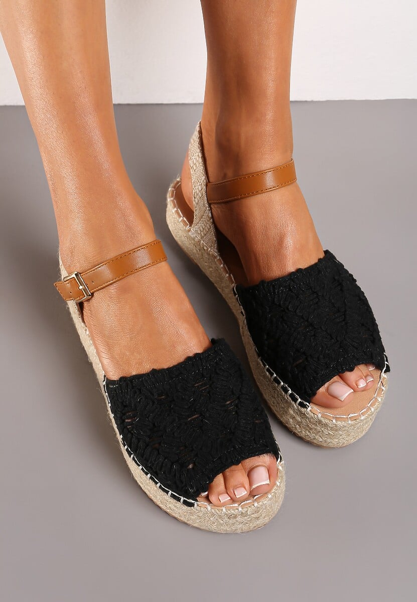 Czarne Sandały Plecione w Stylu Espadryli na Platformie z Juty Garita