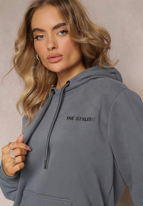 Granatowo-Szara Bluza z Nadrukiem na Tyle i Kapturem oraz Kieszonką Stelletta